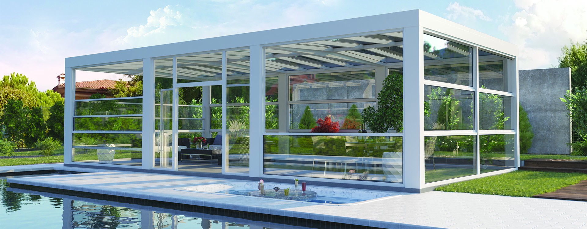 Baie vitrée guillotine Ascend ouverte sur une terrasse en fin de journée, structure aluminium fine et verre clair